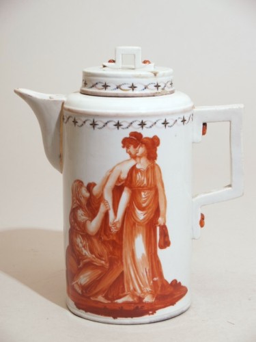 Koffiepot met deksel met decor van 2 klassieke scènes in ijzerrood